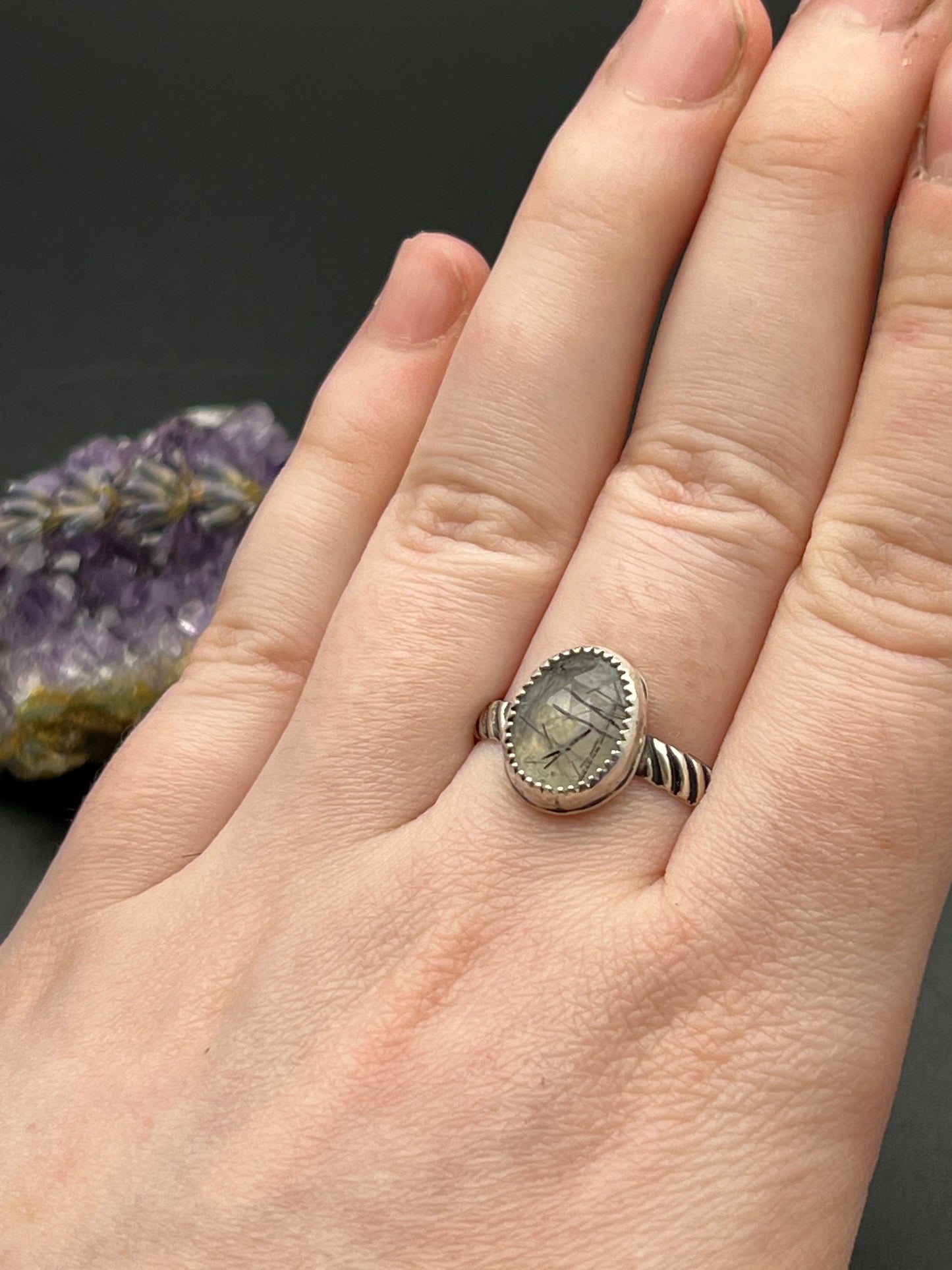 The Sterling Black Rutile Quartz Ring Size 11