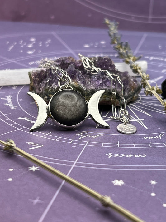 The Silver Sheen Obsidian Triple Moon Goddess Necklace