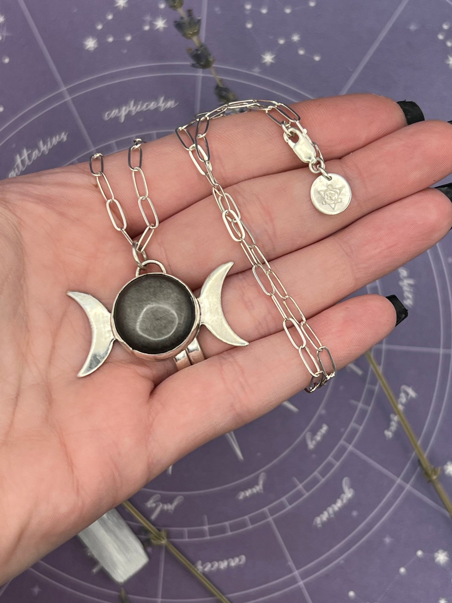 The Silver Sheen Obsidian Triple Moon Goddess Necklace