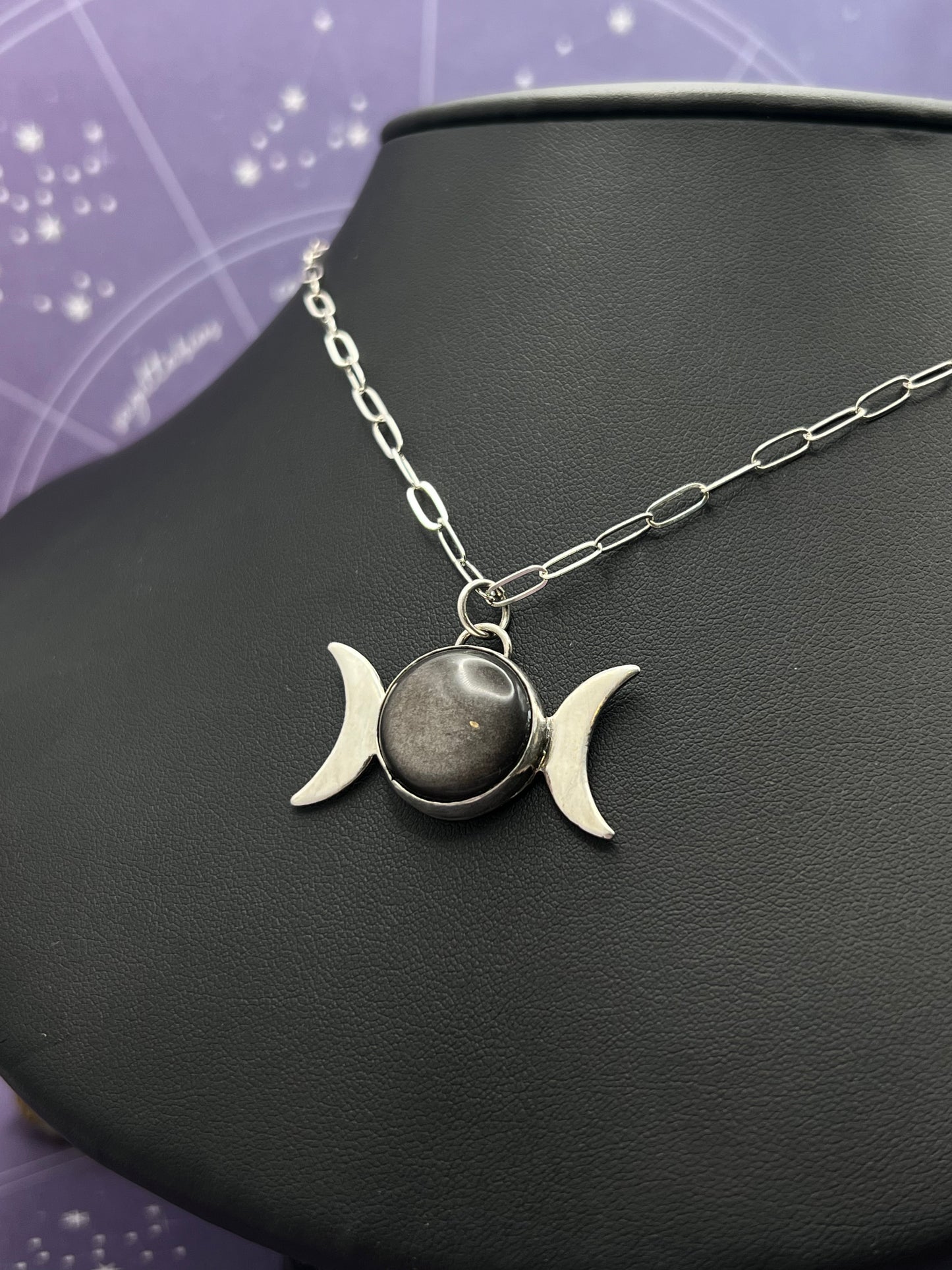 The Silver Sheen Obsidian Triple Moon Goddess Necklace