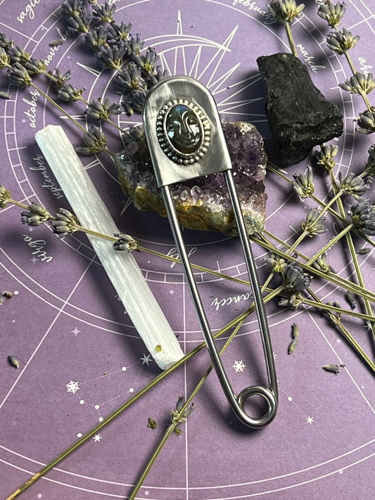 The Labradorite Man in the Moon Jumbo Safety Pin